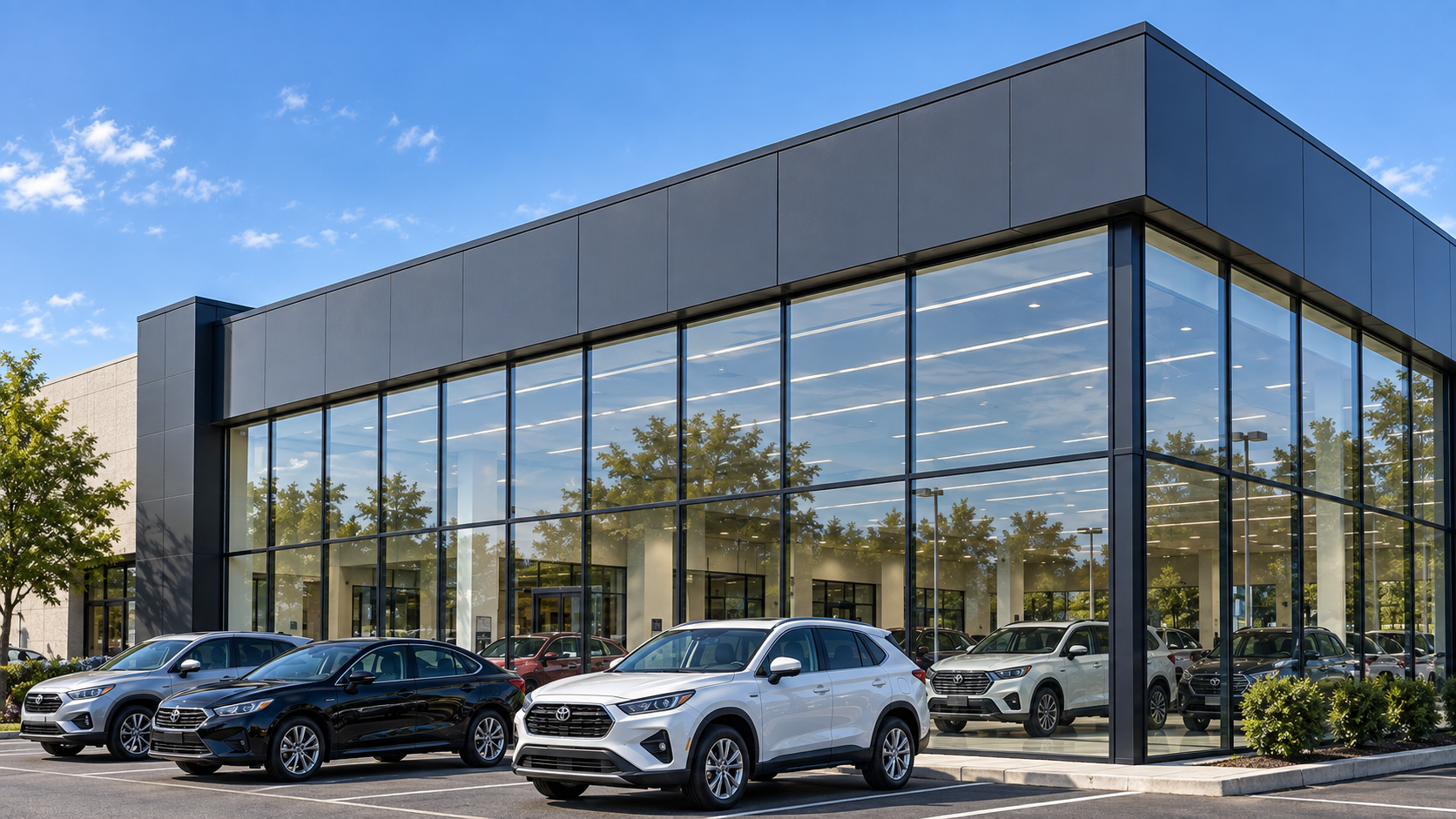 Agencia automotriz con frente de cristal